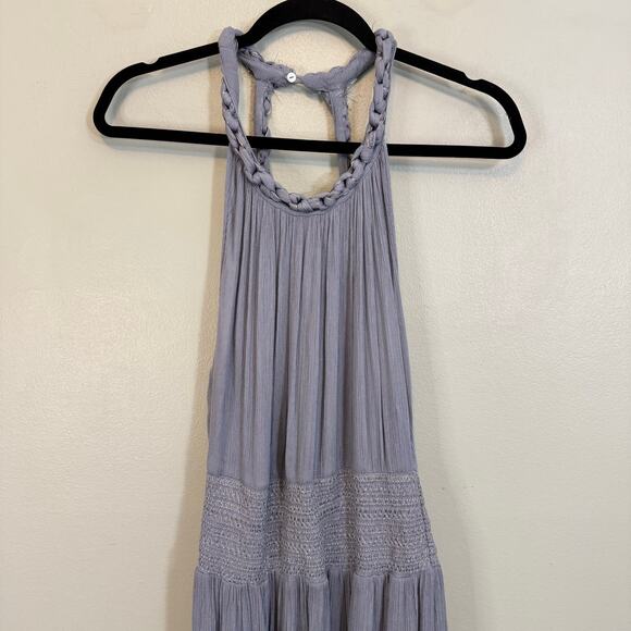 Free People Braided Halter Maxi Dress Large Gray Boho Casual Summer Gauze A-Line - Picture 3 of 12